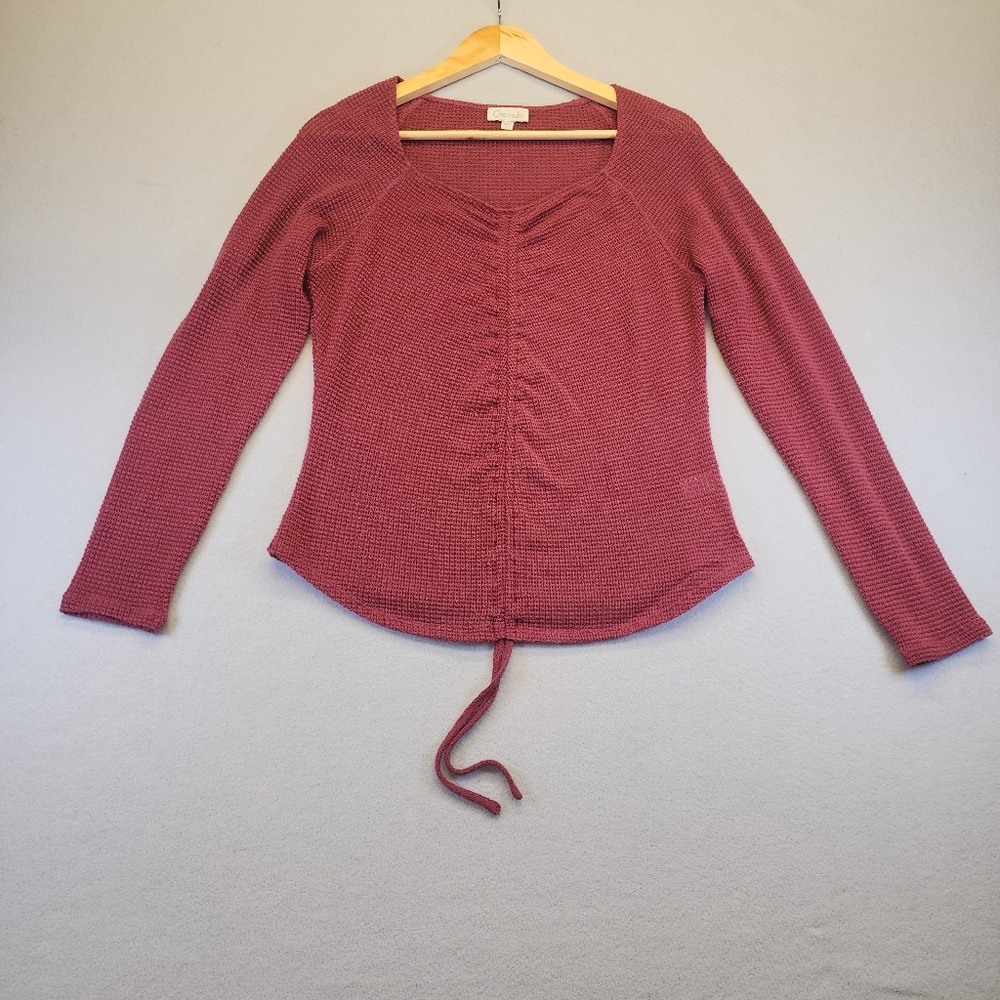 Chenault Maroon Waffle Knit Ruched‎ Drawstring Top Large